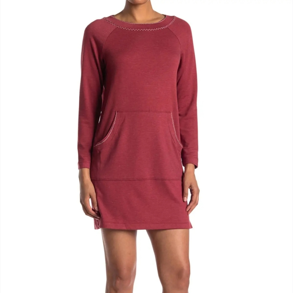 Max Studio Terry Knit Long Sleeve Sweater Pocket Dress, Red Embroidered, Size S
